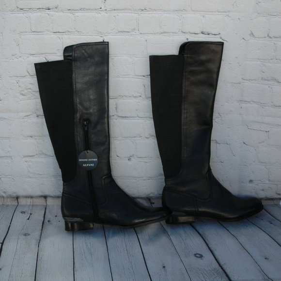NIB Alfani Womens Cabbie Leather High Front Stretch Back Black Riding Boots 8.5M - Picture 1 of 6